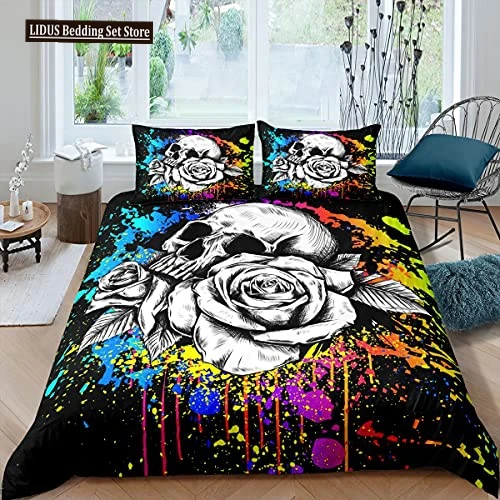 

Skull Rose Skeleton Theme Duvet Cover Set Polyester Comforter Cover With Pillowcase For Kid Boy Teen King Queen Size Bedding Set