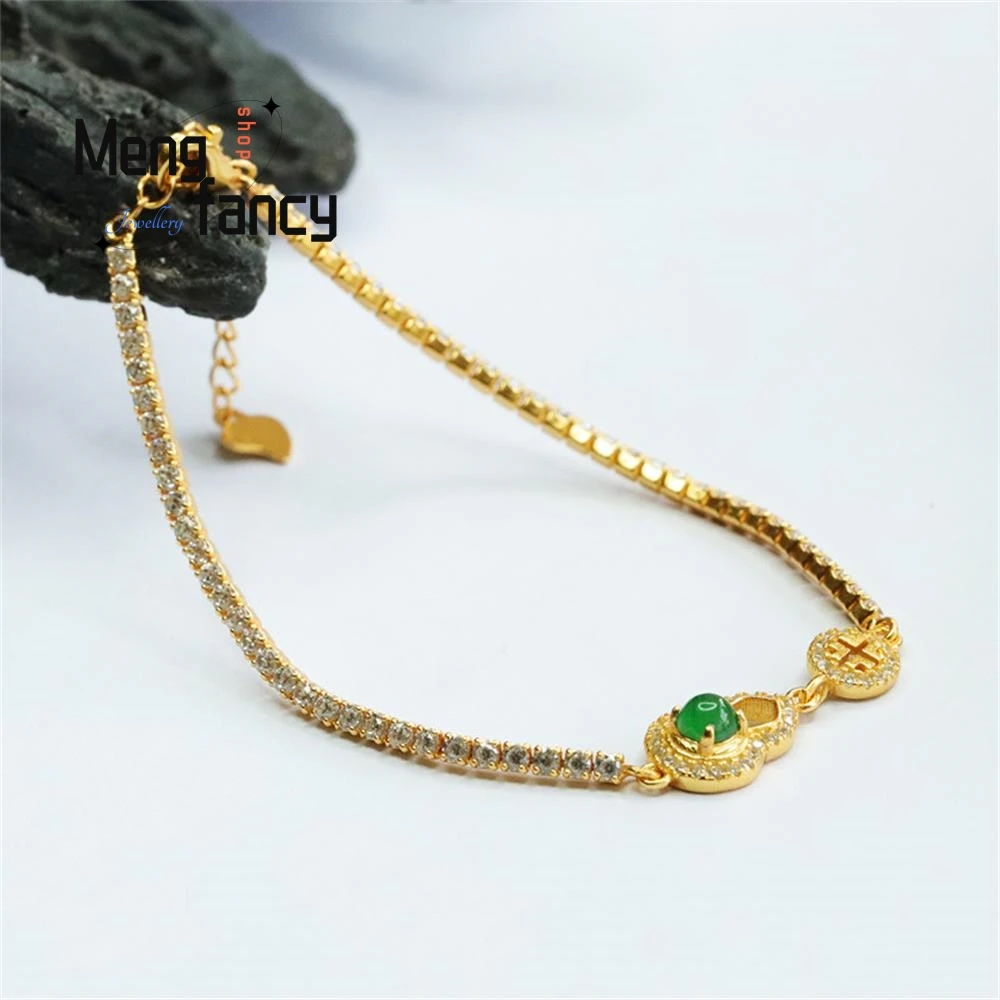 S925 Silver Inlaid Natural Jadeite Ice Type Imperial Green Gourd Bracelet Exquisite Elegant Simple High-grade Fashion Jewelry