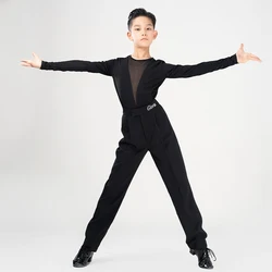 2024 New Latin Dance Performance Costumes Boys V-Neck Mesh Tops Black Pants Suit Kid's Rumba Tango Dance Training Clothing XH948