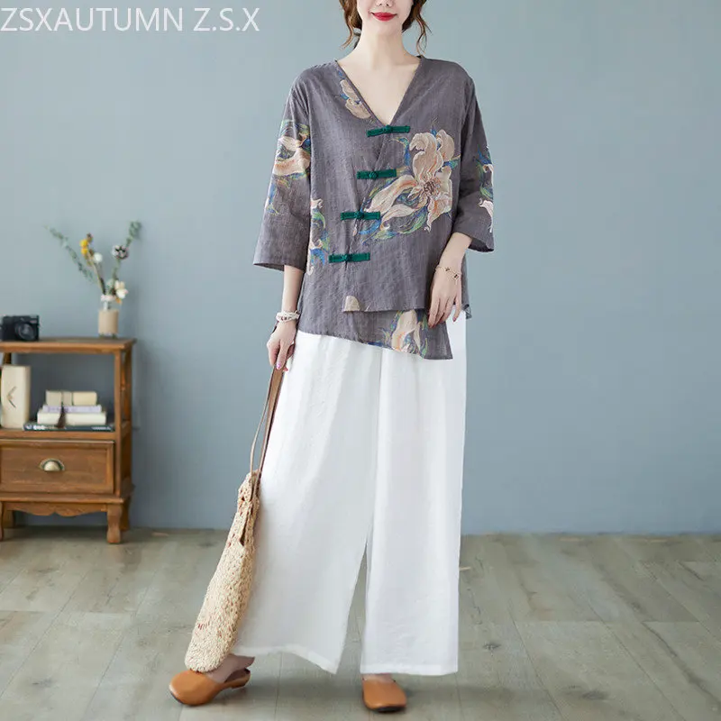 China Cotton Linen V Neck Tops Women Traditional Tang Suit Blouses Chinese Style Harajuku Irregular Printing Vintage Shirt Hanfu