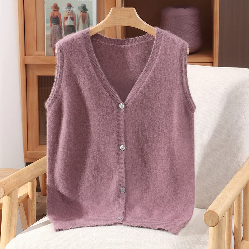 ผู้หญิงใหม่ 100% Mink Cashmereเสื้อกันหนาวVคอเสื้อกั๊กปุ่มเสื้อสเวตเตอร์ถักแขนกุดฤดูใบไม้ร่วงฤดูหนาวWarm Mink Cashmereเสื้อถักเสื้อ