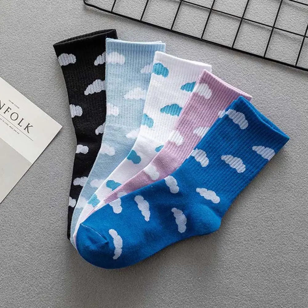 Sports College Style Socks Clouds Blue Sky Cotton Clouds Pattern Women Socks Female Hosiery Mid-tube Socks Korea Style