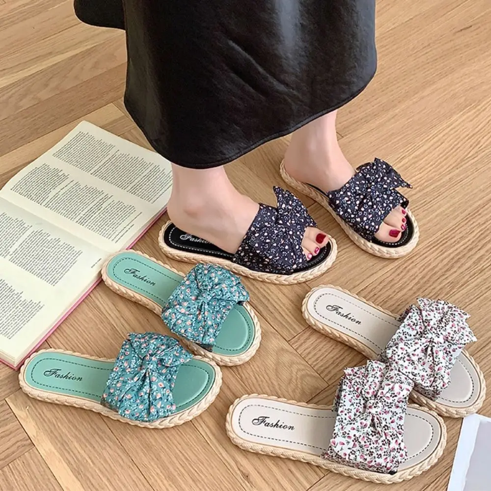 Casual Bohemia Style Beach Slippers Women PVC Open Toe Floral Flat Slippers Bowknot Anti-Slip Slides Sandals Home