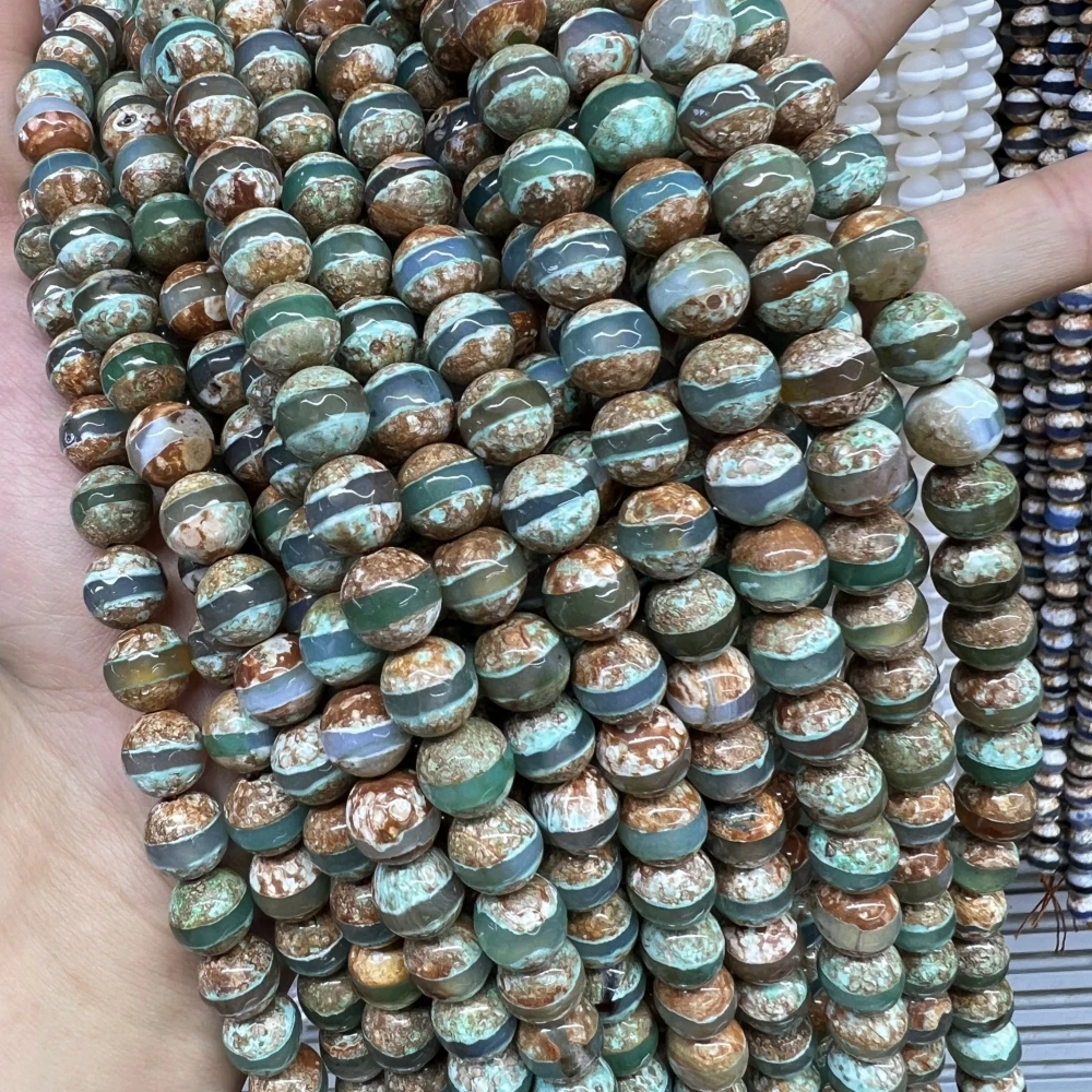 

5Strands Antique Faceted One Green Line Tibet Dzi Tribal Ethnic Agates Stone Round Loose Beads For DIY Jewelry Making MY231136