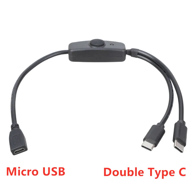 5V Dual USB C Multi Type C Splitter Cord with On/Off 30cm Short 2 in 1 Type C Micro USB Charging Cable For Two Devices Charger