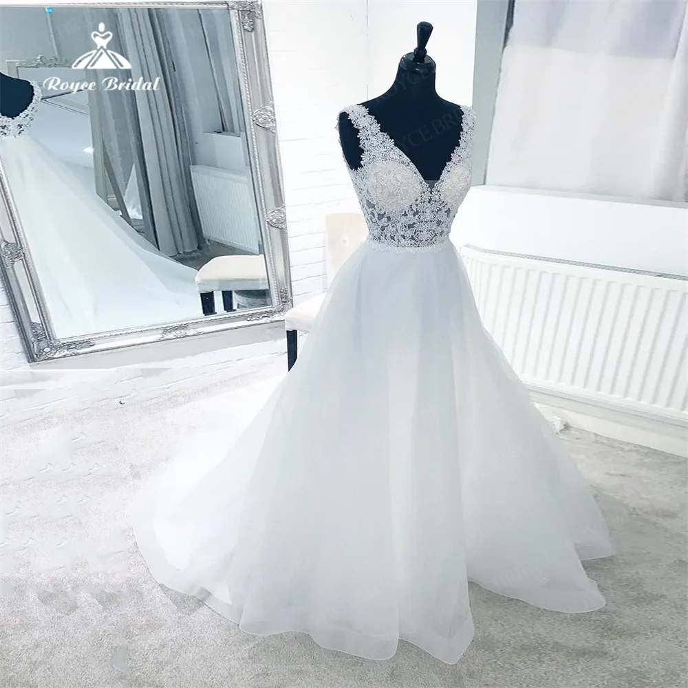 Roycebridal A Line abito da sposa Organza semplice scollo A V senza maniche in pizzo Applique lunghezza pavimento abiti da sposa abiti da cerimonia