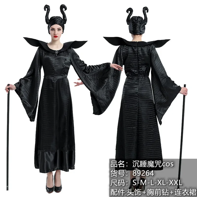 Halloween Witch Maleficent Sleeping Beauty Movie Costume Adult Women Evil Dress Horn Hat Outfit Hat Helmet Hood Bar M-2XL