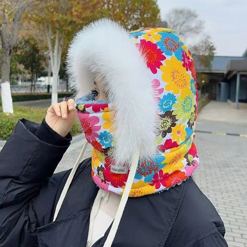 

Windproof 3-in-1 Winter Cycling Hat Cold Resistant Flower Print Warm Scarf Face Mask Plaid Thickened Lei Feng Hat Women