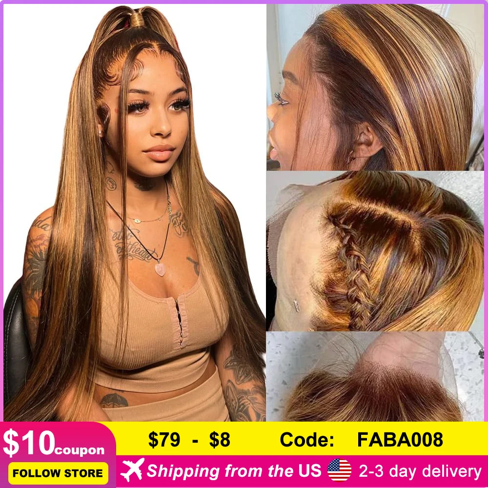 4/27 Highlight Ombre Straight Human Hair HD Lace Front Wigs Straight Highlight Free Part Human Hair Lace Wigs for Black Women