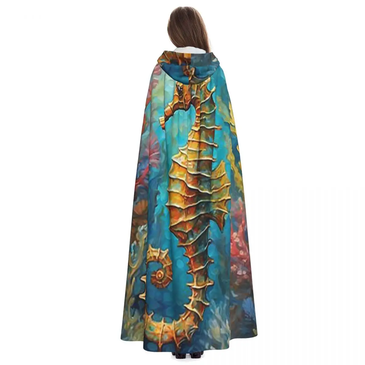 Seahorse Amongst Vibrant Corals And Swaying Seaweed Long Hooded Cloak Witch Costume Cosplay Cape HalloweenCoat Adult Unisex