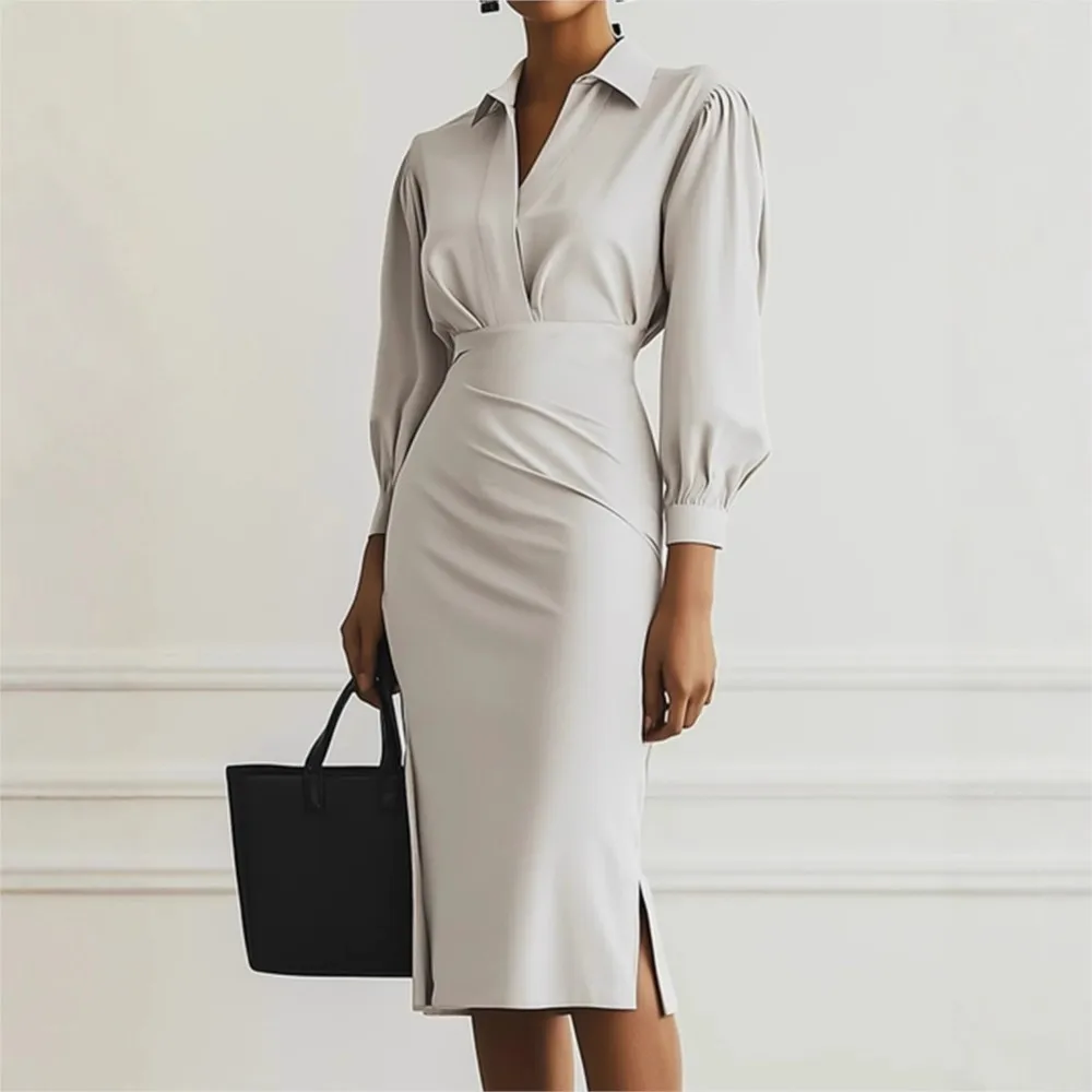 فستان بسيط وعصري برقبة على شكل حرف V بلون سادة وخصر مشدود للنساء للخريف #4