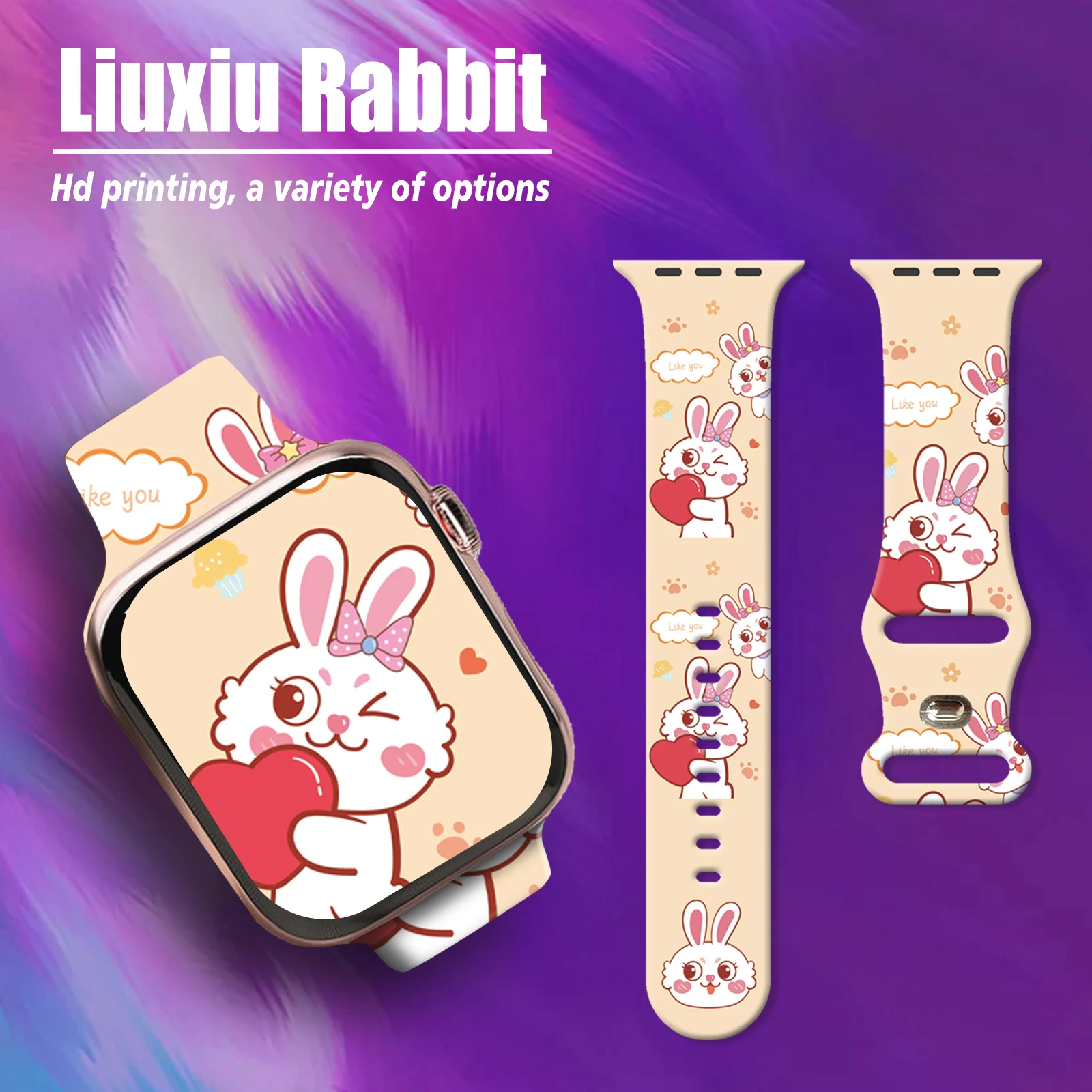 

Ремешок Liuxiu с принтом кролика для Apple Watch 46 мм, 45 мм, 44 мм, 41 мм, сменный силиконовый ремешок для iWatch 10 9 8 7, ремешок для часов