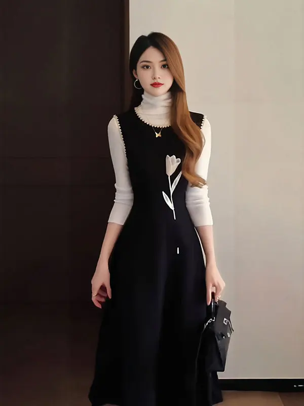 

Chic Minimalist Style Two-Piece Set with Base Shirt And Vest Long Dress Comfortable Soft Tone Outfit for Women Spring Season