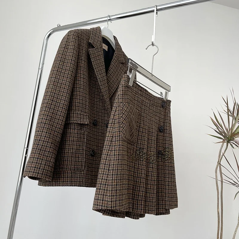 

Pure Wool Suit Vest with Gored Slimming f Skirt Commute Sle Women's Long Sve Double Breasted Button ket Plaid Pattern