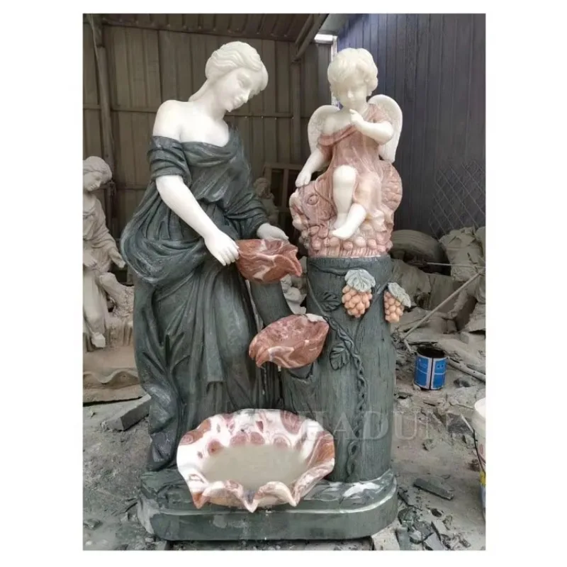 

【From China】Cheap Price Outdoor Hand Carved Small Drinking Wall Waterfall Marble Water Fountain With Stone Cherub Statue