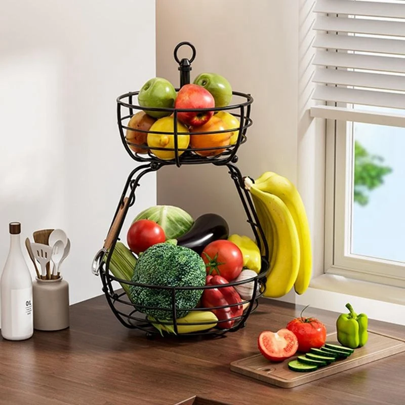 

Stackable Ventilated Double Layer Snacks Basket Removable Designs Sturdy Iron Construction Includes Banana Hanger Retail