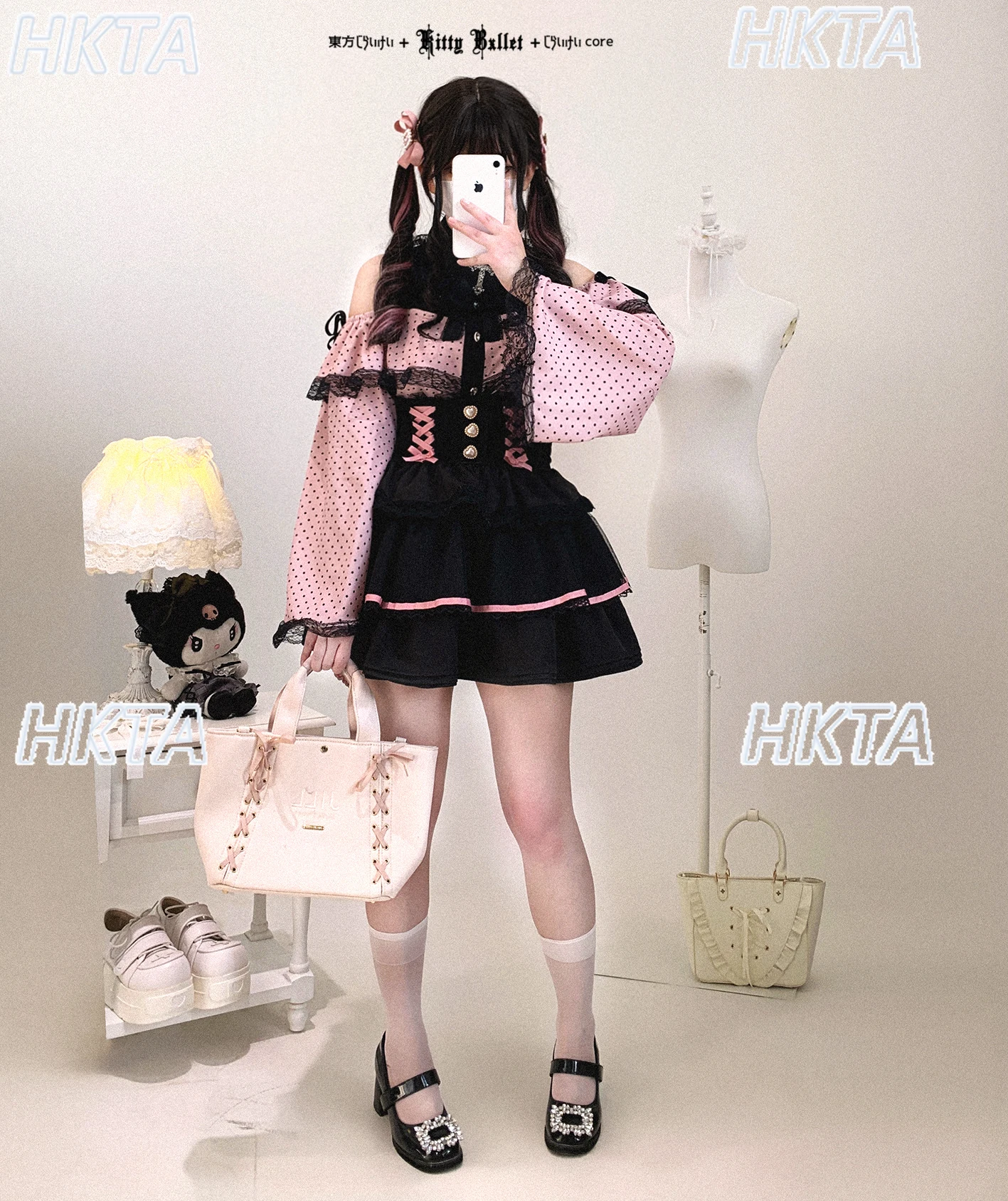 Style japonais automne doux Kawaii hors de l'épaule dentelle revers à manches longues dessus de chemise femmes Lolita nœud à pois Blouse fille