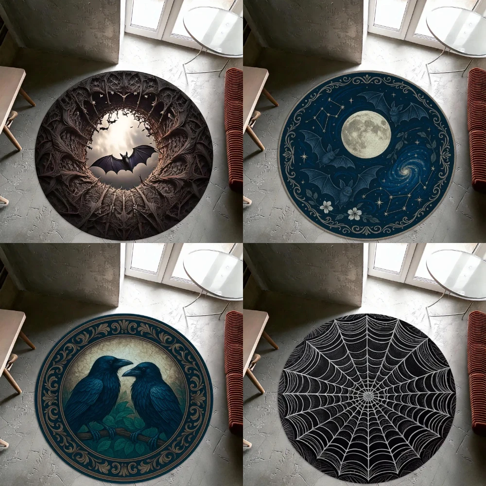3D Gothic Bat Round Rug Dark Raven Spider Web Rug Mysterious Dark-colored Carpet Halloween Holiday Decorations Gifts Idea