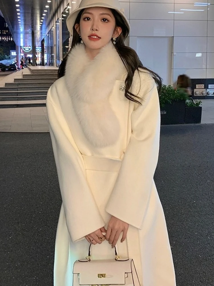 2025년 신상 가을 겨울 여성 의류 롱 리얼 폭스 퍼 칼라 울 재킷 여성 패션 따뜻한 벨트 솔리드 캐시미어 울 코트