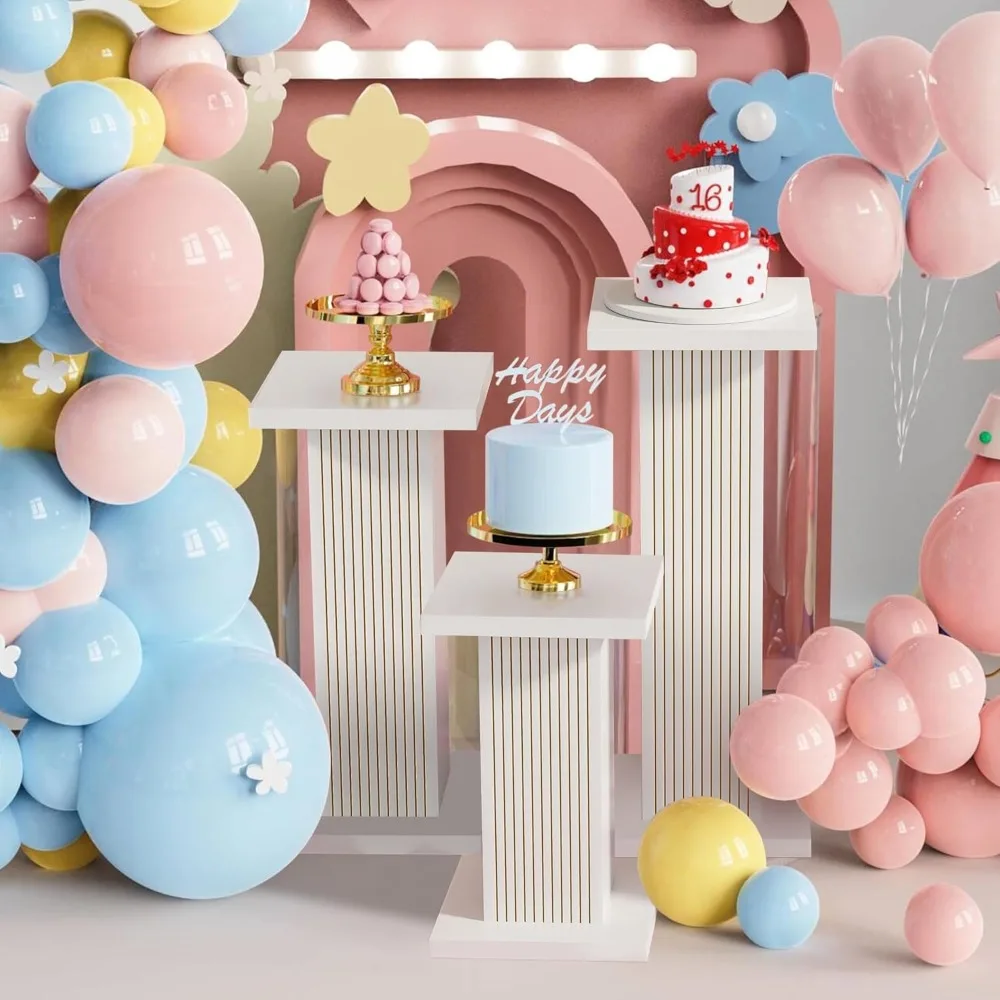 

Pedestal Stands for Party with Fluted Panel 3Pcs White Square Pedestal Display Plinth Pillars for Parties Wood Cake Stand Desser