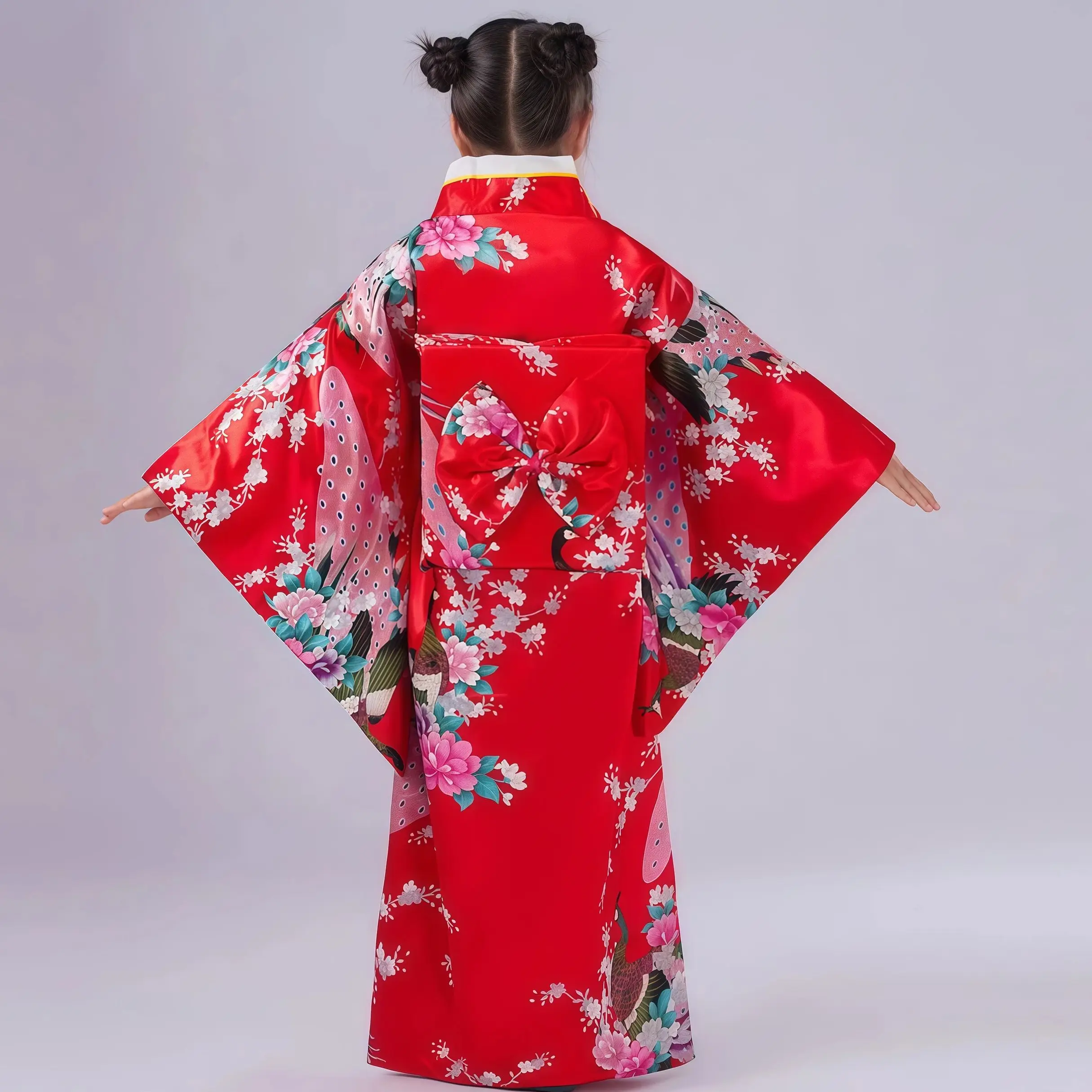 유카타 드레스 생동감 넘치는 벚꽃 프린트 일본 기모노 세트 소녀 코스프레 학교 공연 전통 의상 초등학생용