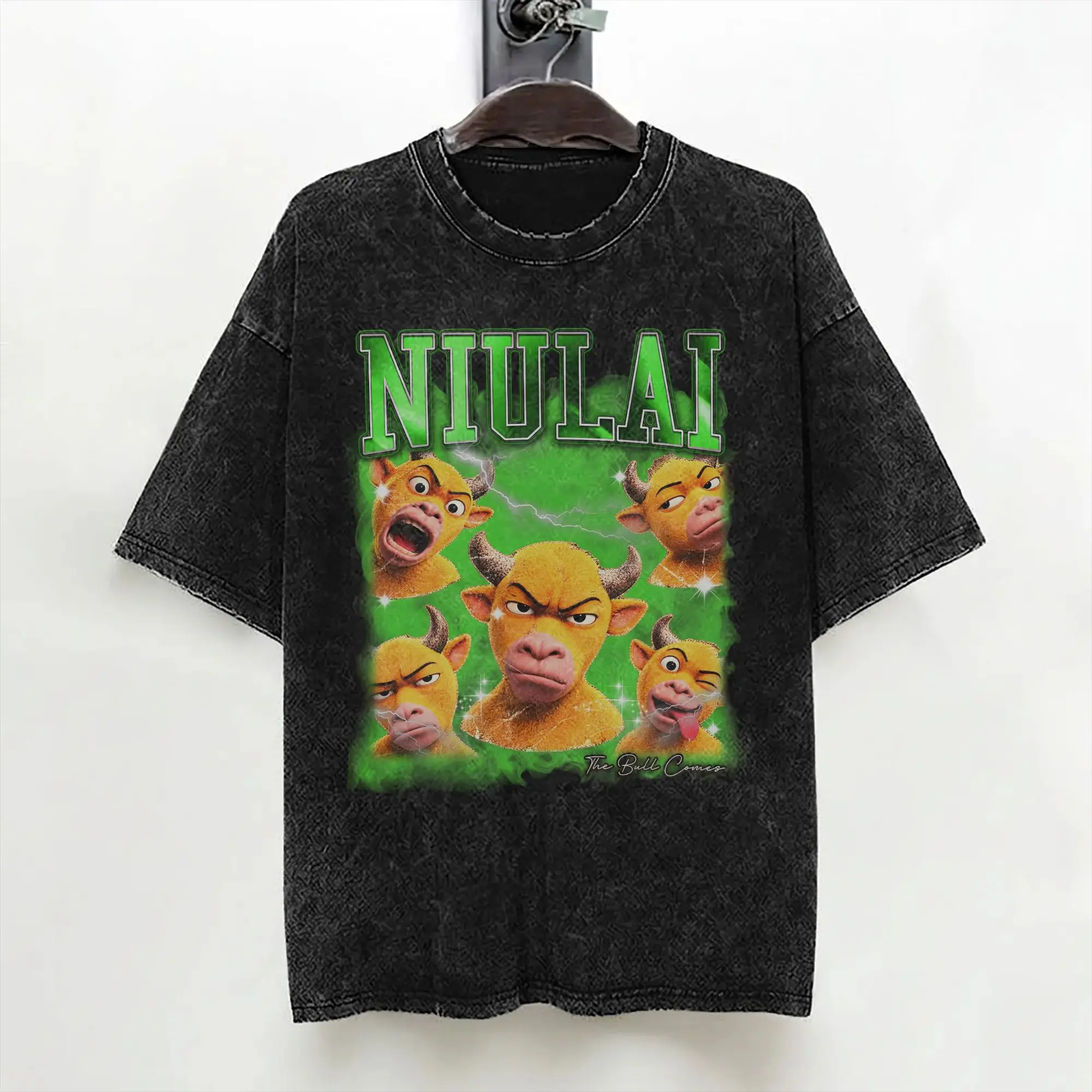 Niu Lai Funny Bull Meme T Shirt Washed Short Sleeve Oversize T-Shirts  Fashion for Men Women Streetwear Summer Tee Shirt