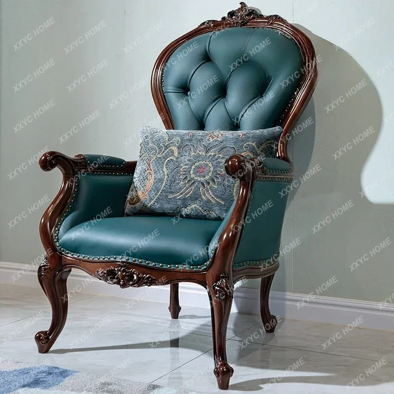 Y Leather sofa chair solid wood small round few retro first layer cowhide casual armrest living room single chair