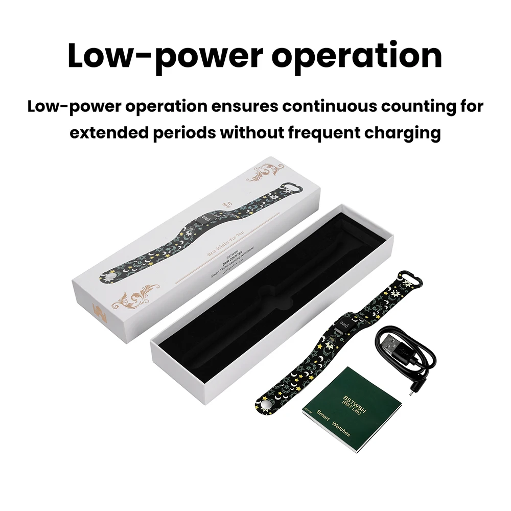 

Smart Wearable Tasbih Counter Bluetooth APP Connected OLED Display Silent Touch 120mAh 5V DC Charging Prayer Reminder Wristband