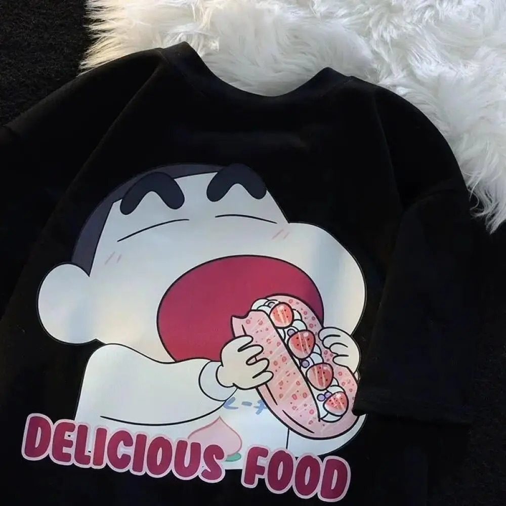 2026 Summer Crayon Shin Chan Eating Strawberry Dessert Print Cotton Loose Men T Shirt