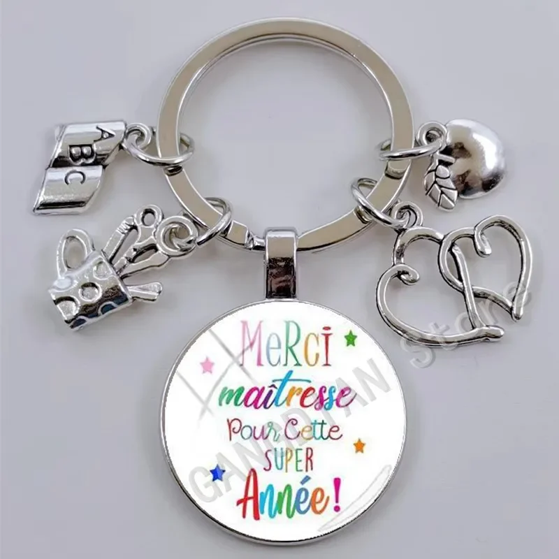 Hot selling Merci Maitresse Super Maitresse French word keychain glass DIY keychain teacher gift