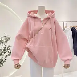 2023 New Spring and Autumn Age Reducing Versatile Letter Printing Kangaroo Pocket Design with Half Zip Hooded Pullover for Women