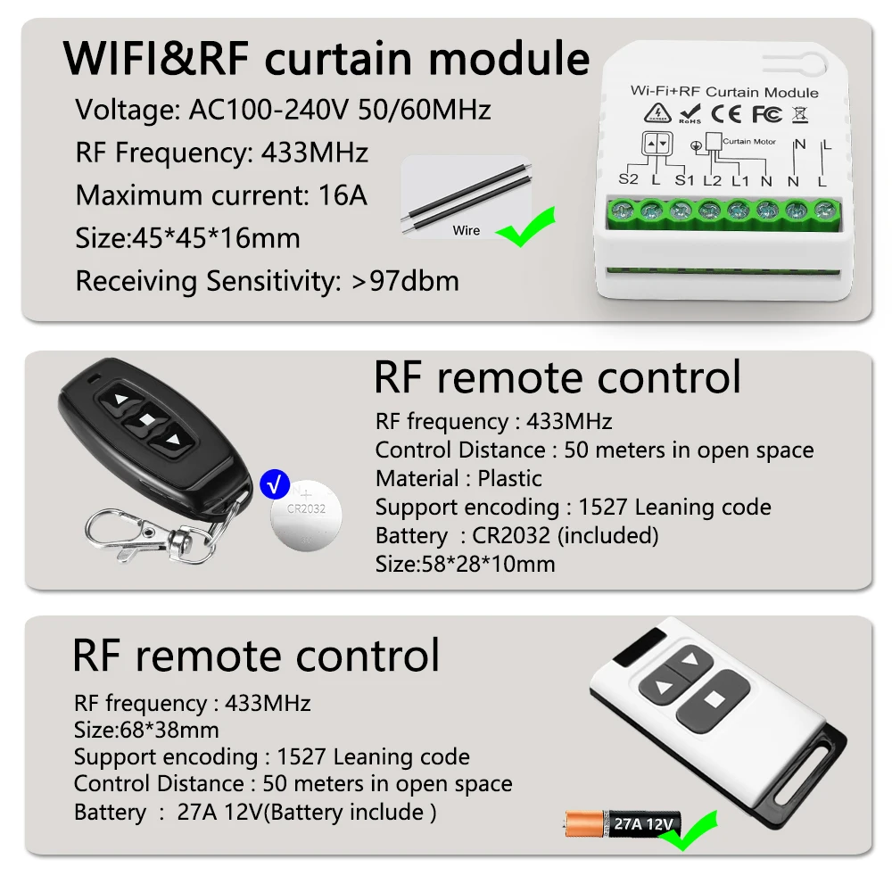 WiFi Smart Curtain Switch Electric Rolling Shutter Door Controller Tuya App Voice Control Alexa Alice with 433MHz Remote Control