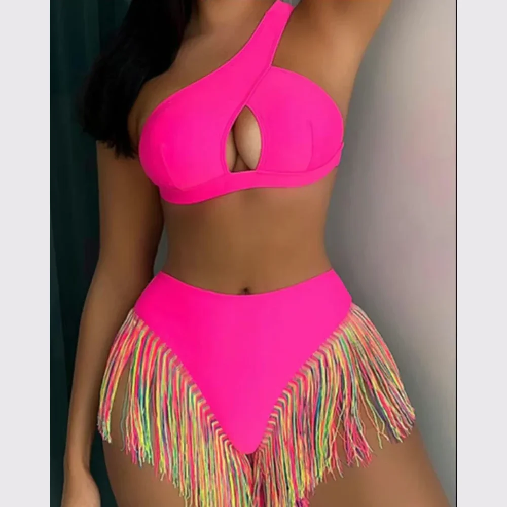 Women's Asymmetric Cutout Bikini Set - One Shoulder Top High Waisted Bottom with Colorful Tassels Sexy 2-Piece Beach Swimsuit