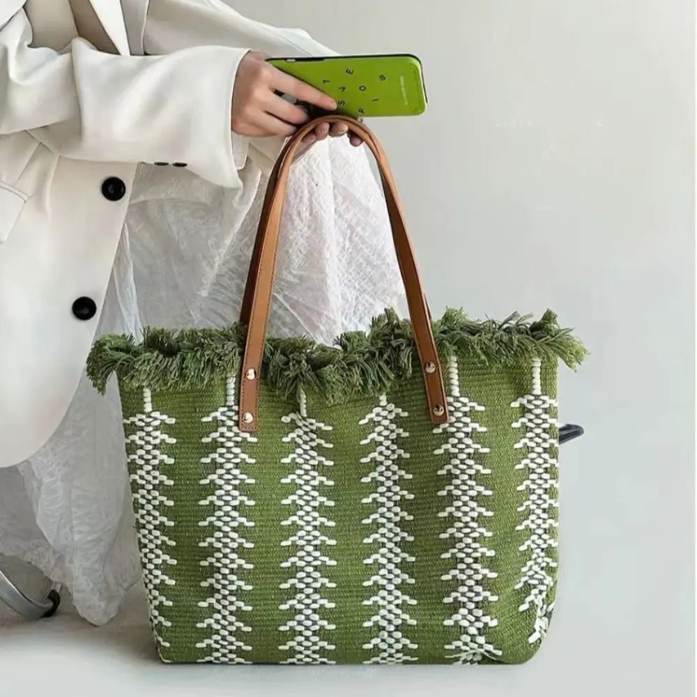 

Office Worker Tote Printing Tassel Weave Shoulder Bag Korean Large Capacity Handbags Romantic Embroidery StrawTote Bag Travel