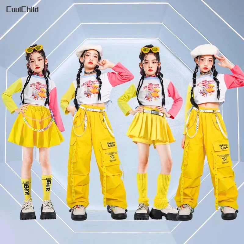 

Hip Hop Kids Crop Top Street Dance Cargo Pants Tiered Skirt Girls K-pop Streetwear Child Jazz Costumes Yellow Stage Clothes Sets