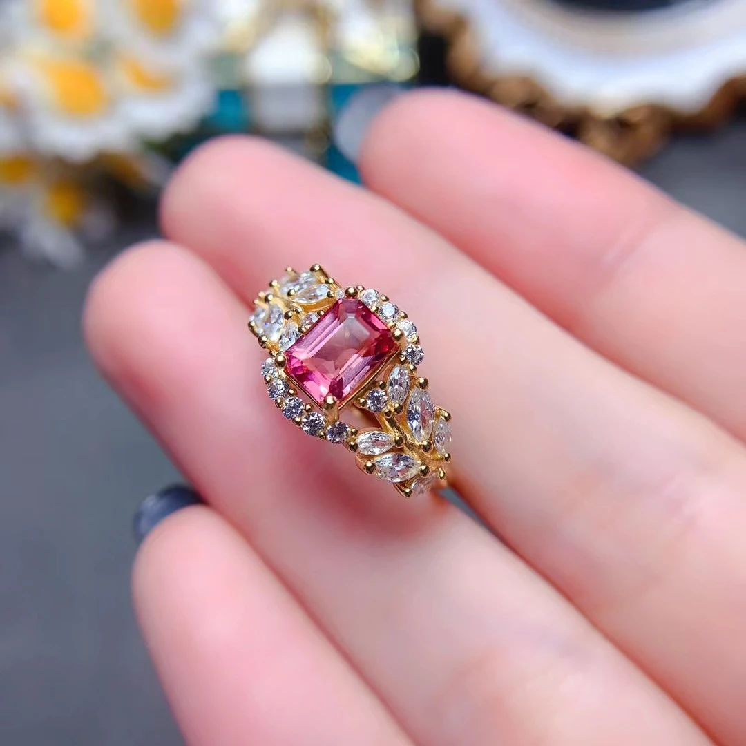 

Luxury Pink Tourmaline Ring for Wedding 5mm*7mm 1ct Natural Tourmaline Silver Ring with Gold Plated 925 Silver Gemstone Jewelry