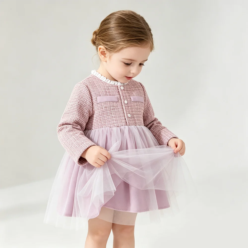 6M-3Y Cute Baby Girls Long Sleeve Dress Plaid Tweed Top Tulle Tutu Skirt Patchwork Princess Dress Birthday Party Formal Outfit
