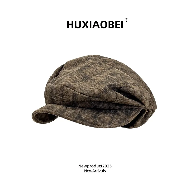 Boina japonesa a cuadros literaria y artística de colores variados para mujer primavera y otoño versión grande gorra octogonal británica para vendedor de periódicos