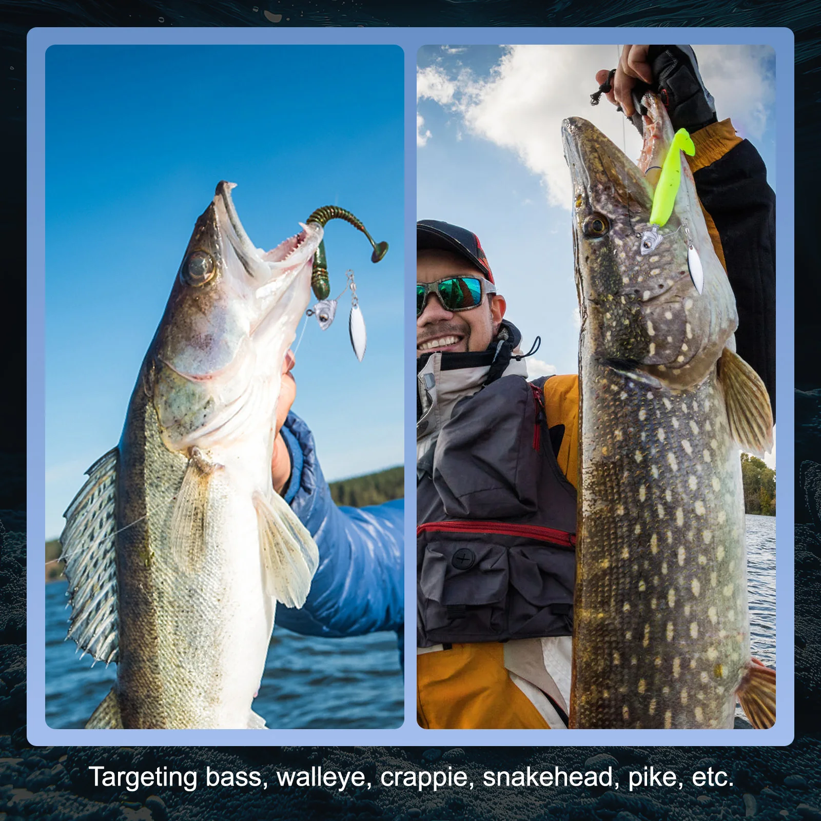 

Набор джиг-головок Goture, 15 шт., с 3D-глазами, держателем для приманки, лезвием-листьем иловой травы, для ловли баса, судака, для пресноводной и морской рыбалки