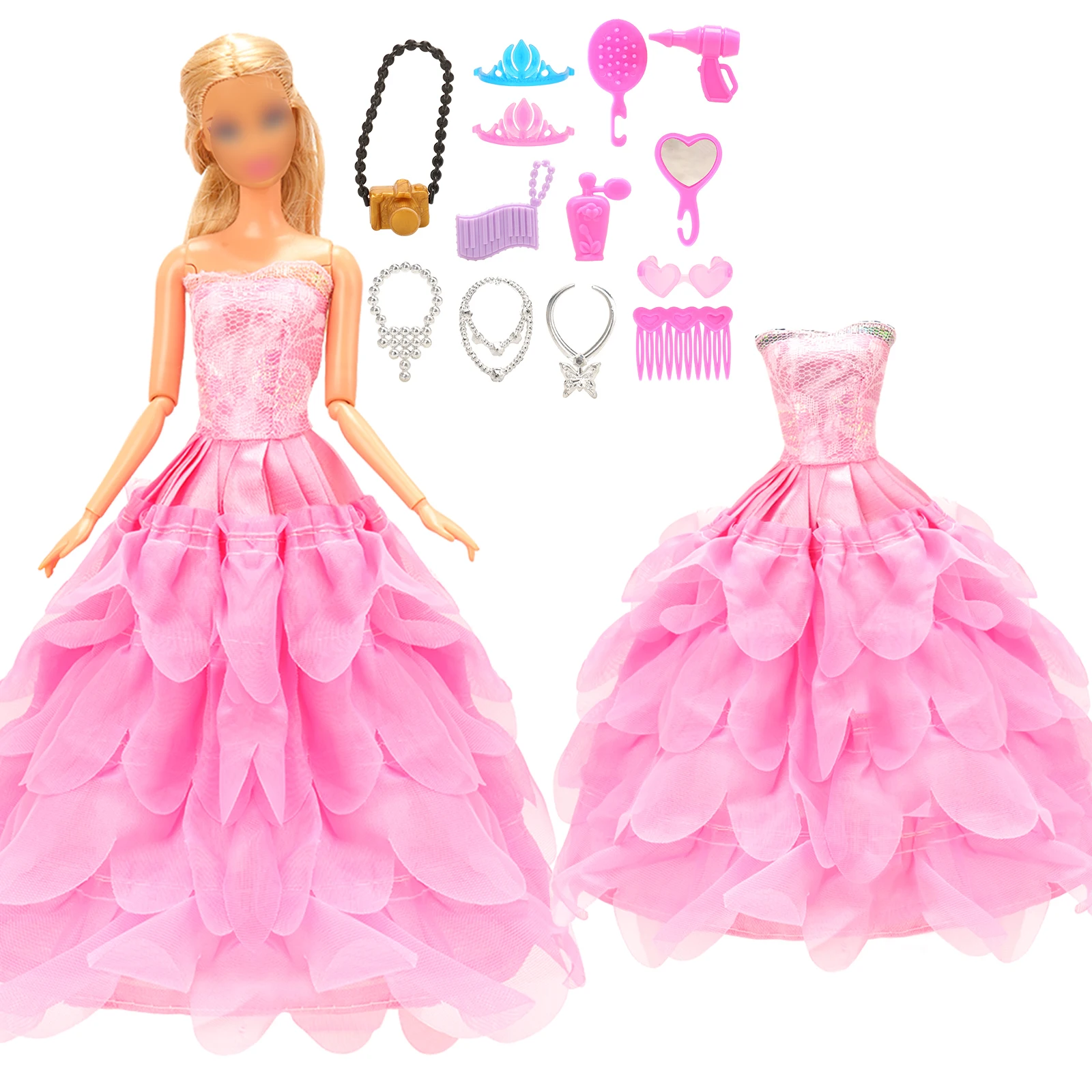 Barwa 14 Pcs 1 Doll Clothes Pink Wedding Gown with 13 Accessories Necklaces Perfume Mini Camera Crown Bag Comb Glasses Mirror