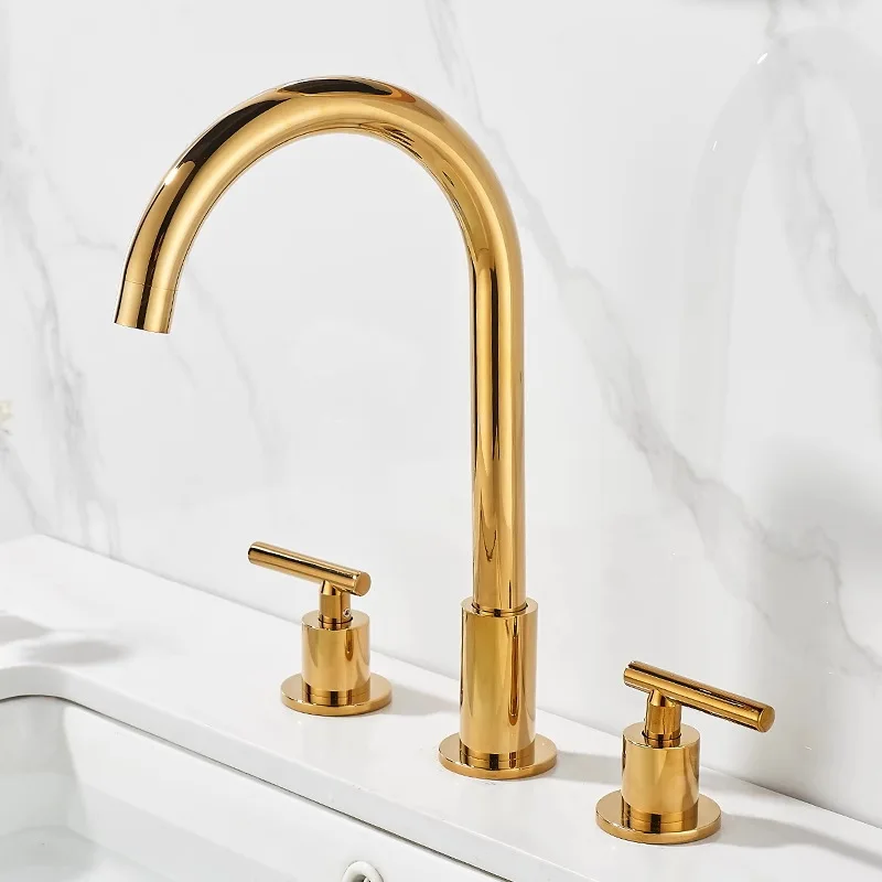 Gold Plated Basin Split Three Hole Faucet with Dual Control for Hot and Cold, Seated Basin Faucet Three Piece Set