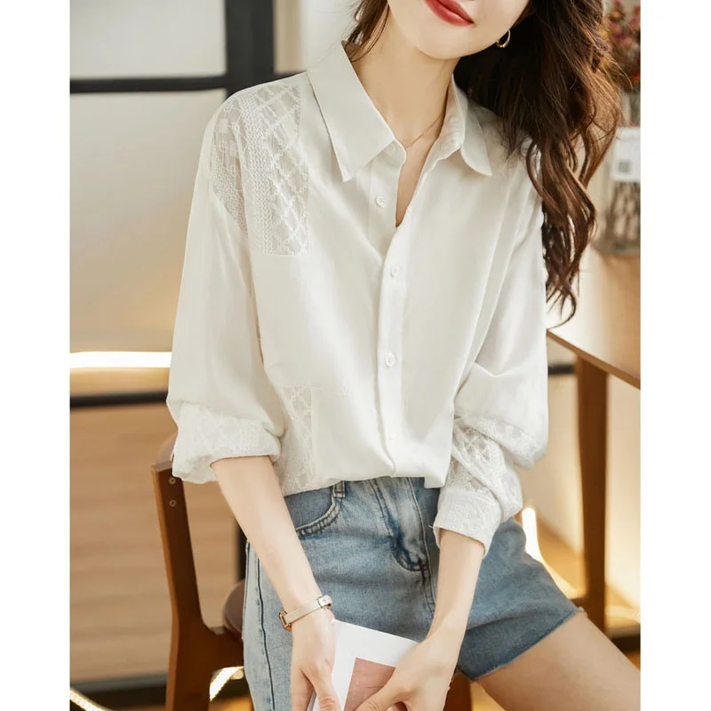 엘레 레이스 스플라이스 롱 슬리브 여성 루즈핏 쉬폰 탑 가을 슬리밍 다용도 패션 한국 스타일