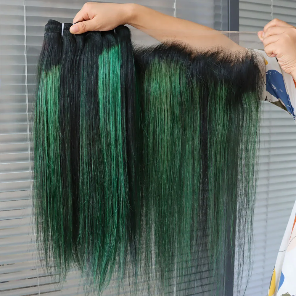 الجملة لحمة شعر بشري هندي و 4x4 5x5 13x4 13x6 الدانتيل إغلاق أمامي عذراء ريمي تسليط الضوء على البيانو اللون 1B الأخضر كامل الرأس