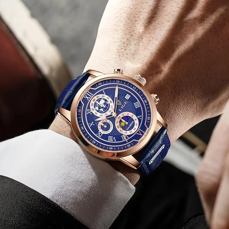 LIGE Orologi da uomo Orologio da uomo in pelle blu di lusso delle migliori marche per uomo Cronografo militare al quarzo impermeabile Montre Homme + scatola