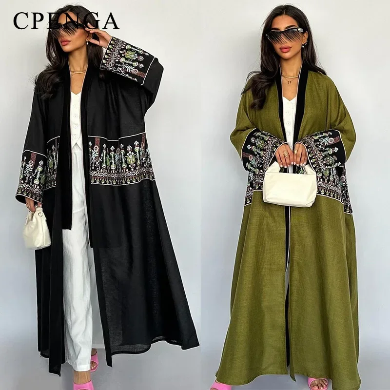 2024 Flower Embroidery Sleeve Dubai Kimono Abaya Dress Luxury Ramadan Saudi Arabia Women Modest Cardigan Islam Turkey Plain Robe
