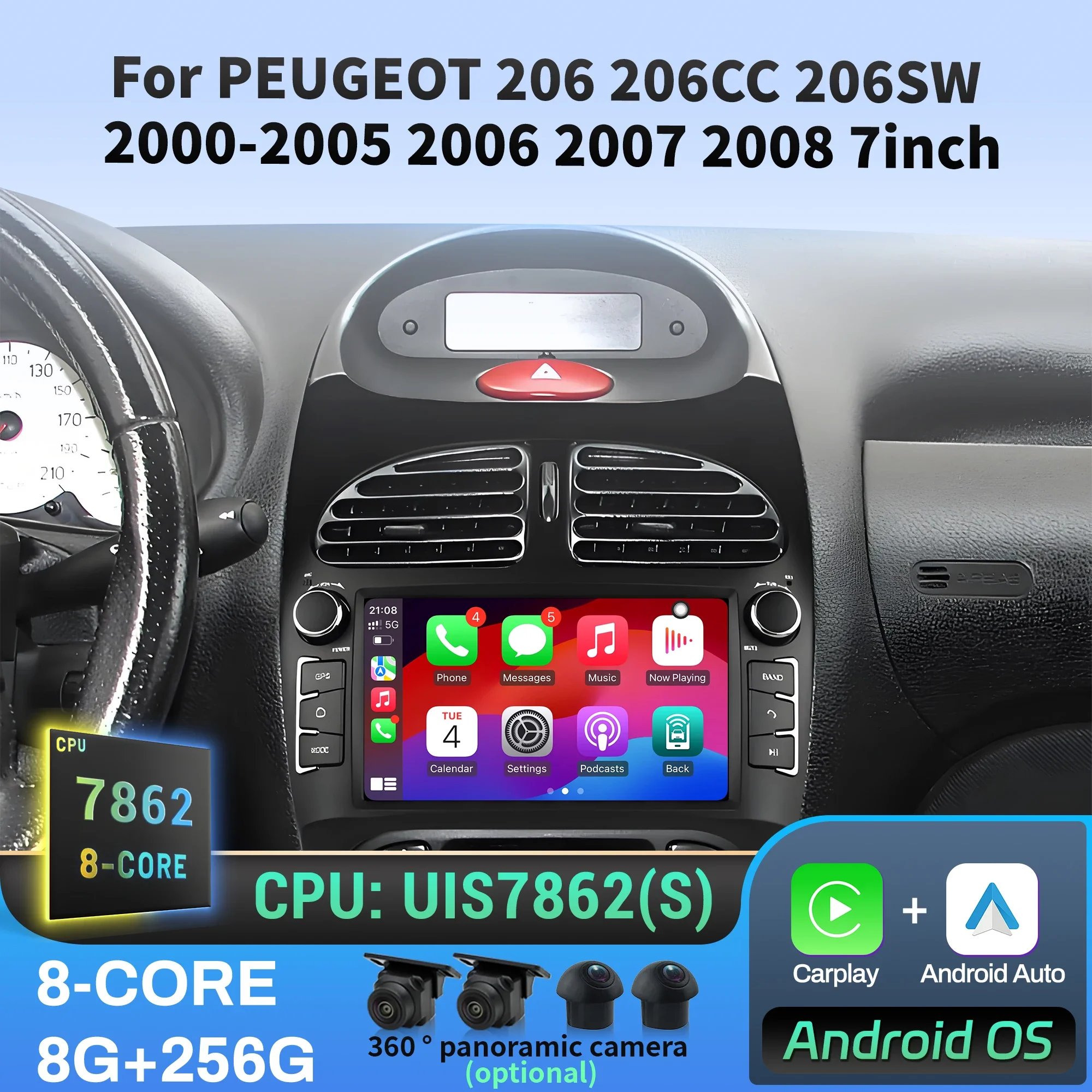 7-дюймовый автомобильный радиоприемник для PEUGEOT 206 206CC 206SW 2000 2001 2002 2003 2004 2005 2006 2007 2008 беспроводной Bluetooth CarPlay экран