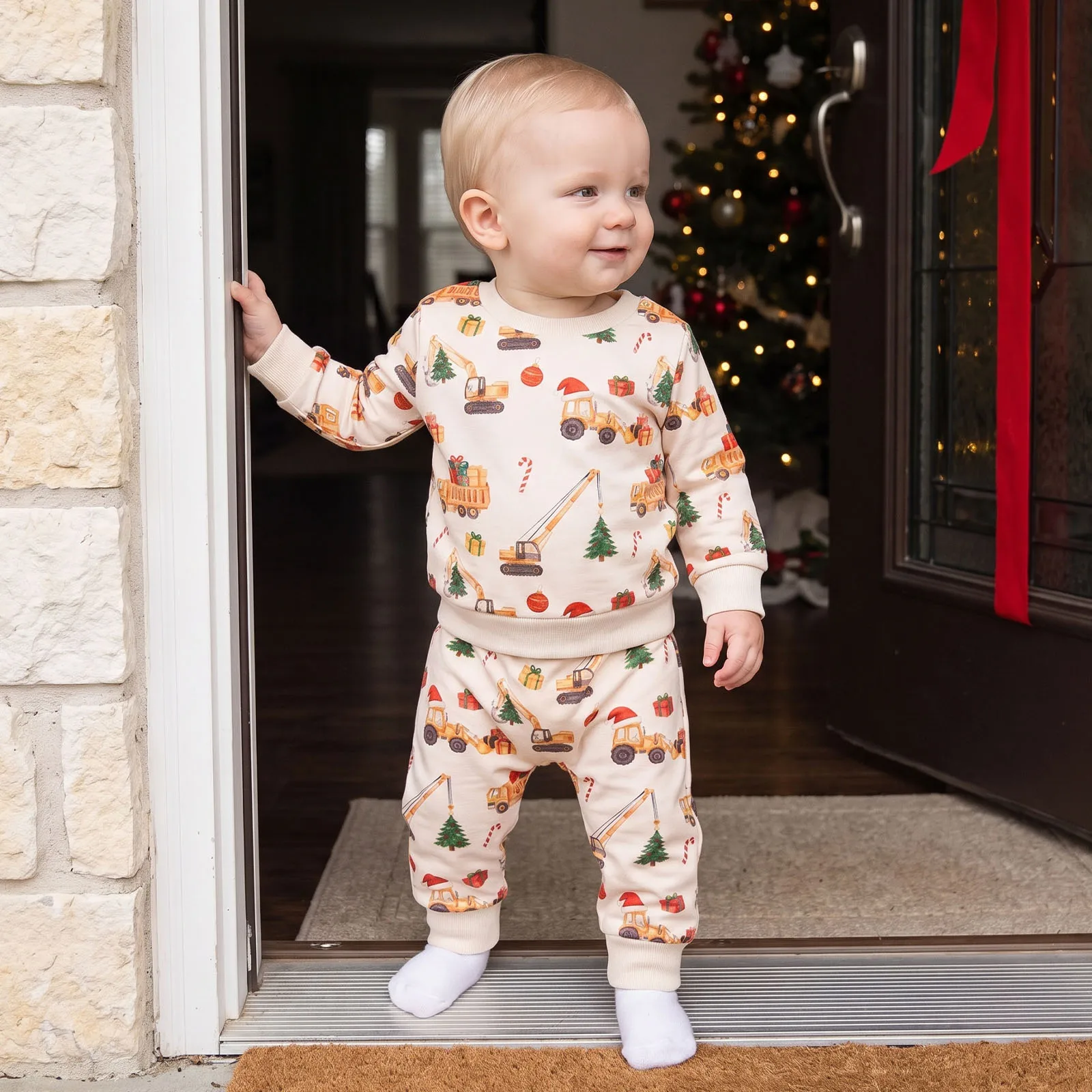 Boys Christmas Outfits Long Sleeve Truck Excavator Print Sweatshirt Pants