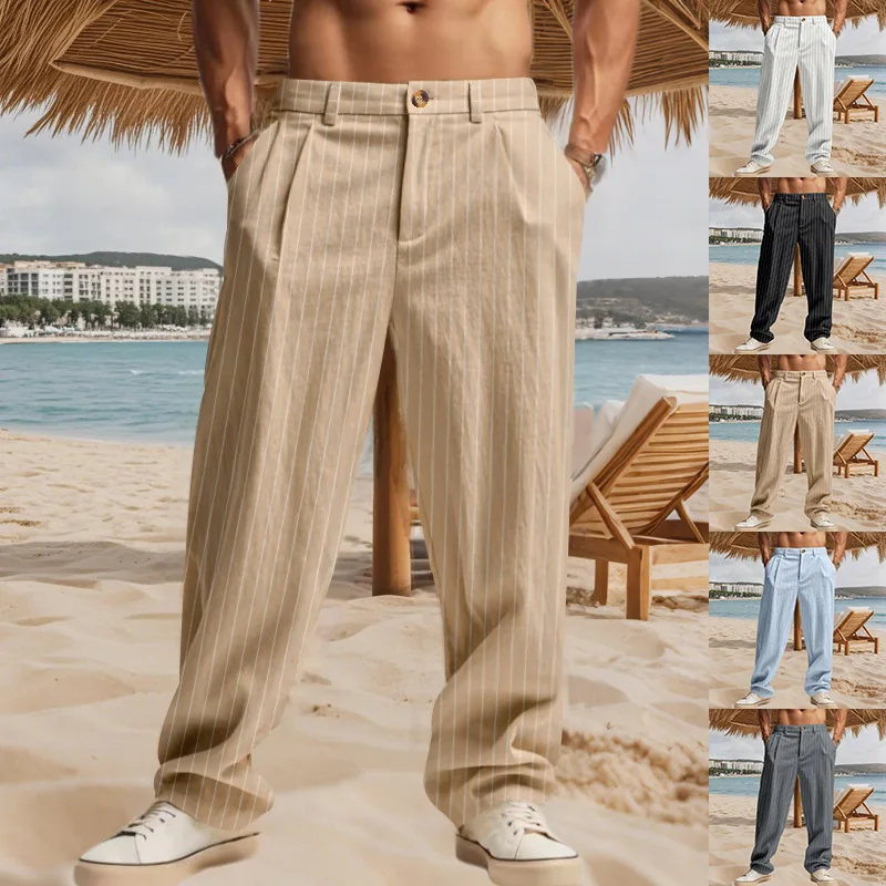 Cross-border Spring and Autumn Linen Men's Casual Pants Thin Striped Zipper Straight Pants Men's