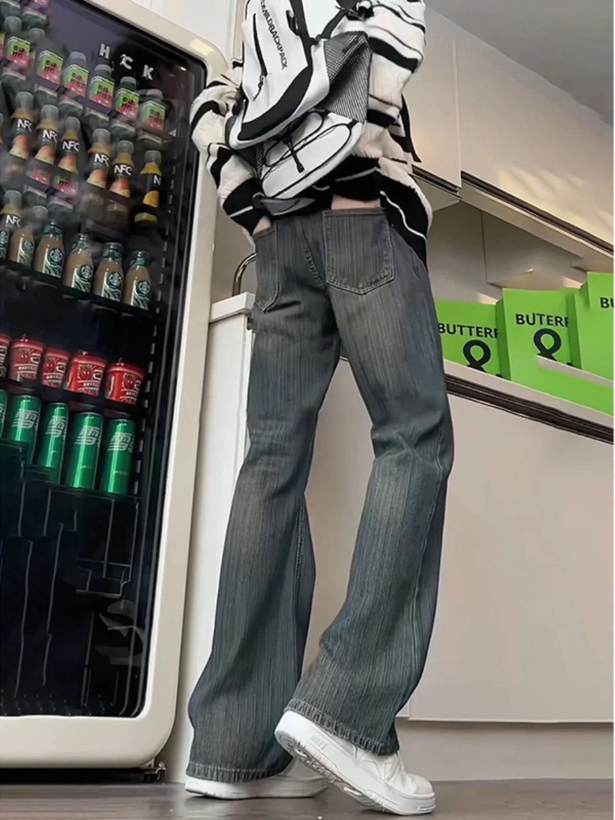 

Retro Waed Blue Bamboo Pattern Men's Jeans American High Street Vibe Spring Autumn Straight Leg Micro Flared Pants