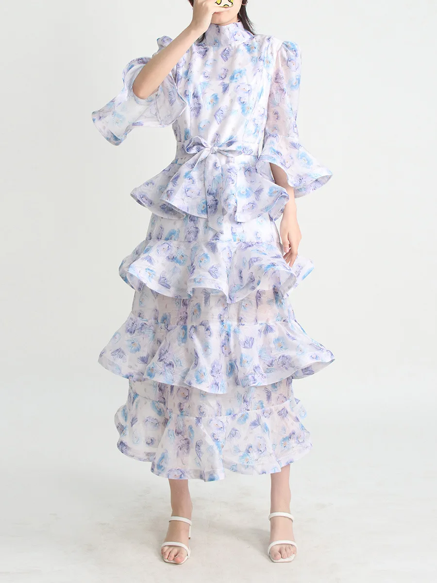 2025 manga alargamento magro longo bolo camada impressão festa maxi vestido gola passarela para mulheres verão outono